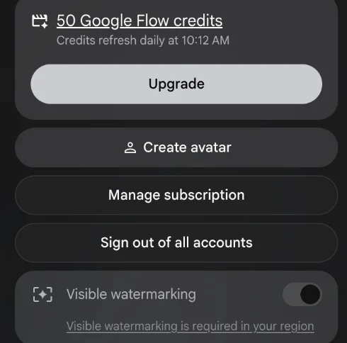 Google Flow's account panel after three free photo edits: 50 Google Flow credits, credits refresh daily at 10:12 AM, and a visible watermarking setting marked as required in your region