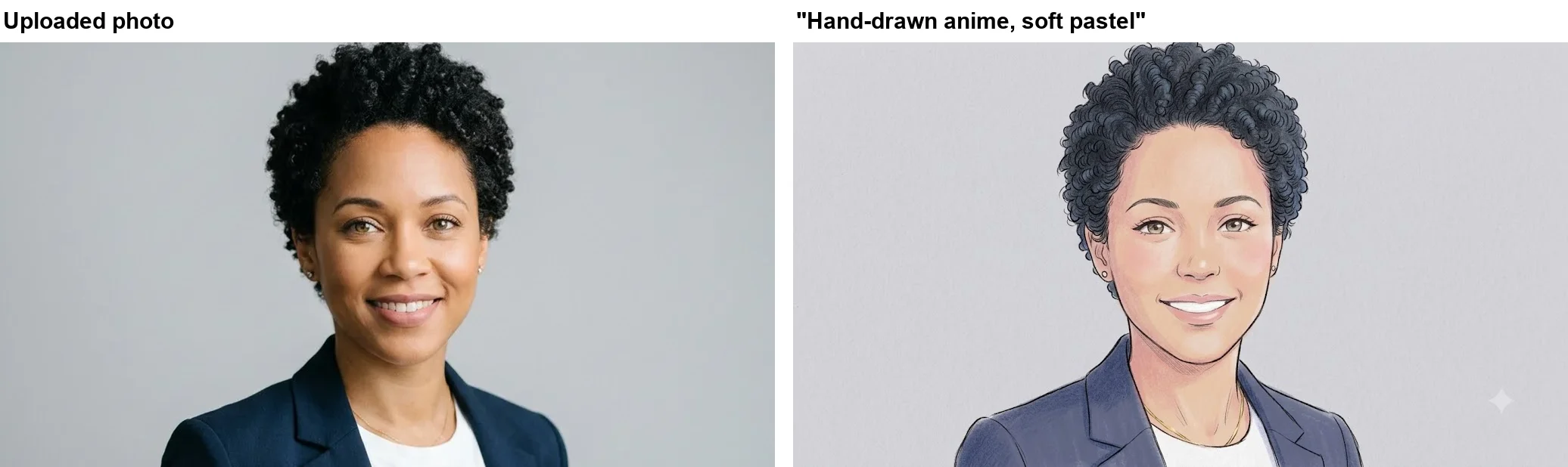 Left: the uploaded headshot. Right: Gemini's hand-drawn illustration of the same woman in coloured pencil on textured paper, keeping her curls, blazer, necklace and smile but with noticeably lighter, pinker skin