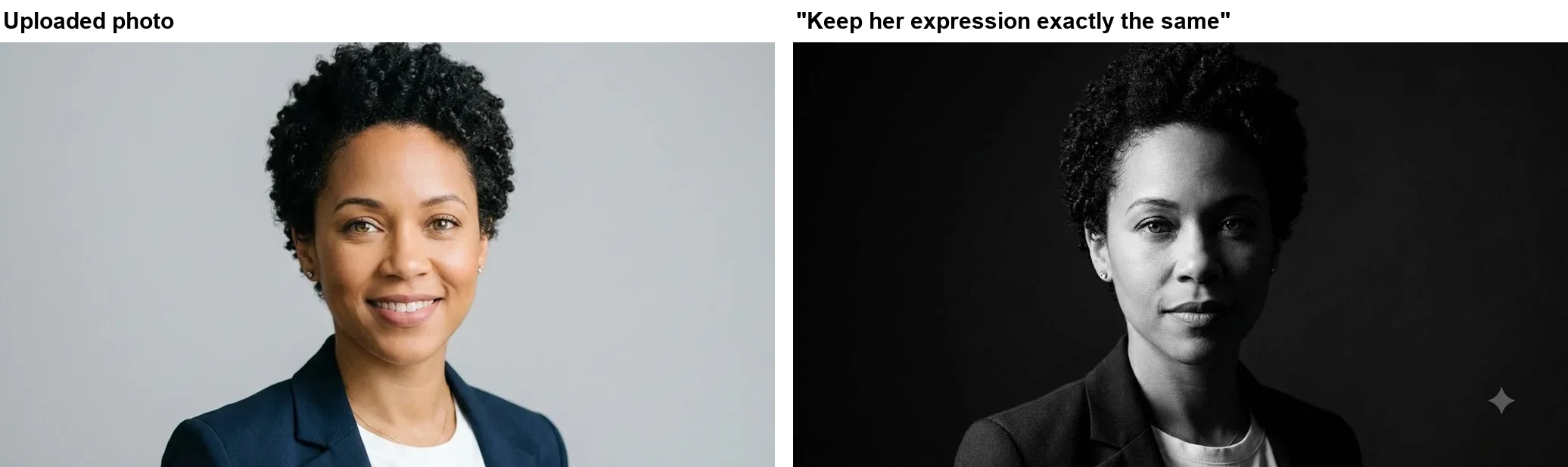 Left: the uploaded headshot of a smiling woman. Right: Gemini's dramatic black-and-white portrait of the same woman against a near-black background, lit hard from the left, with a neutral closed-mouth expression instead of the smile
