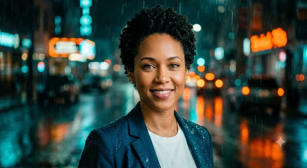 Gemini's cinematic night portrait of the same smiling woman in her navy blazer on a rainy city street, with blurred neon signs, teal and orange colour grading, wet reflections and raindrops on her shoulders