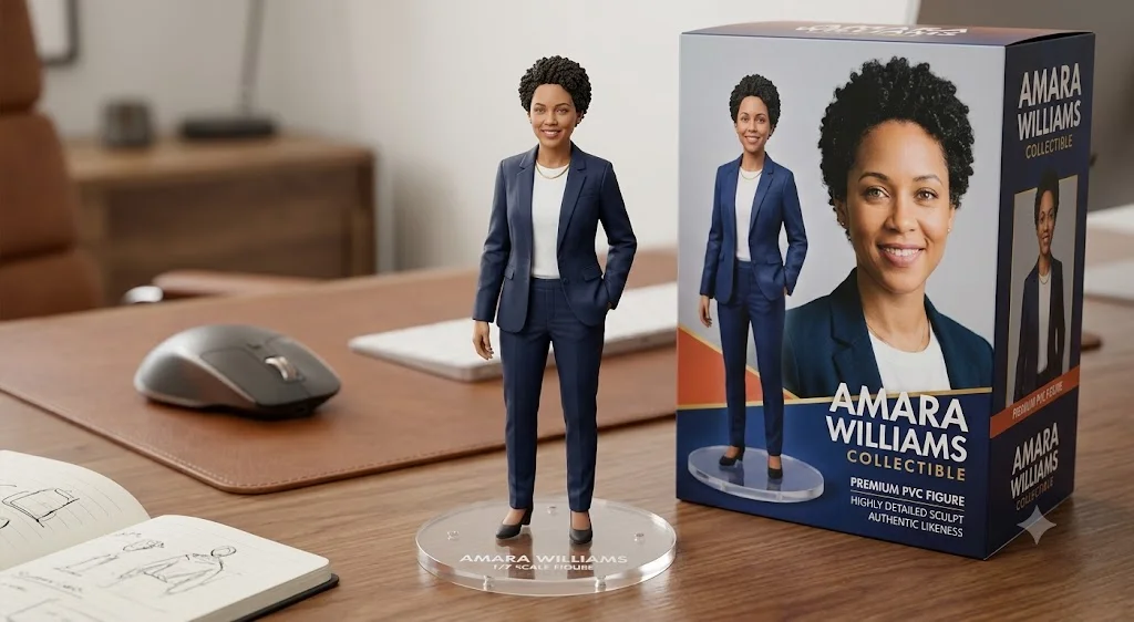 Gemini's collectible figure of the woman in a navy trouser suit on a clear acrylic base on a wooden desk, beside a toy box with her face and the invented name AMARA WILLIAMS printed on the front and side