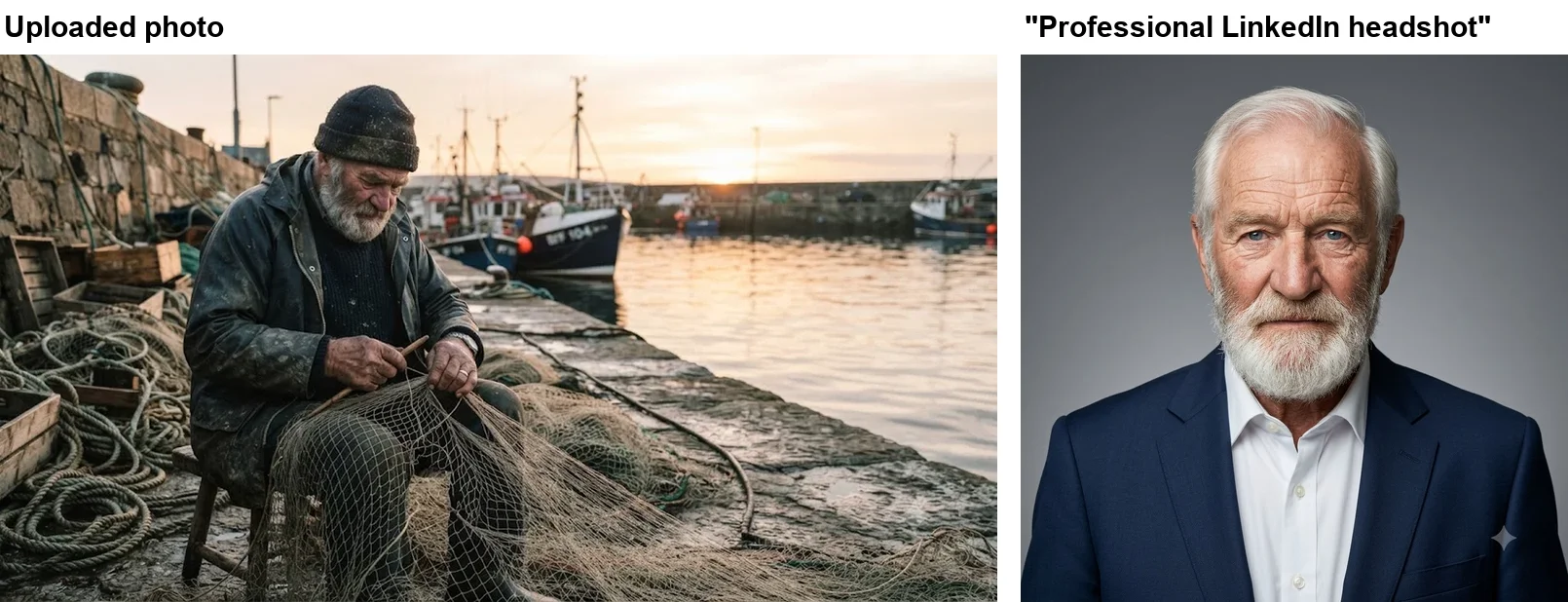 Left: the uploaded photo of an older fisherman in a beanie mending nets on a harbour at sunrise, looking down. Right: Gemini's square studio headshot of a white-bearded man in a navy suit and open-collar white shirt, facing the camera, with swept-back white hair and blue eyes