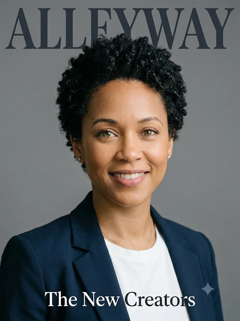 Gemini's portrait-shaped fashion magazine cover with the serif masthead ALLEYWAY across the top, the cover line The New Creators at the bottom, and the smiling woman in her navy blazer against a grey backdrop