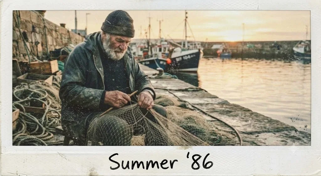 Gemini's instant-photo version of the harbour picture, with an off-white scuffed border, dust specks, and the handwritten caption Summer '86 in black marker on the thick bottom border