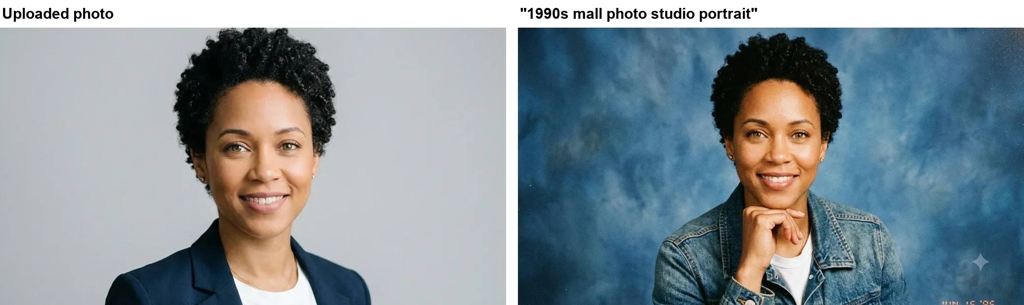 Left: the uploaded studio headshot of a smiling woman in a navy blazer against grey. Right: Gemini's 1990s mall studio portrait of the same woman in a denim jacket, hand under her chin, against a mottled blue backdrop