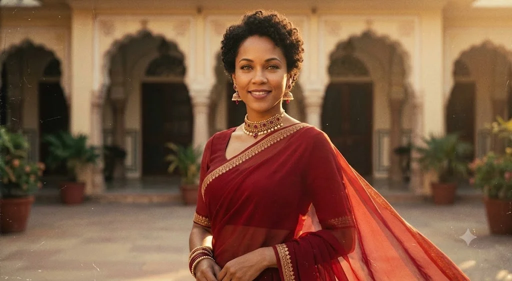 Gemini's retro film still of the same smiling woman in a flowing red chiffon saree with a gold border, standing in a golden-hour courtyard with carved arches and potted plants, wearing a gold choker, drop earrings and bangles
