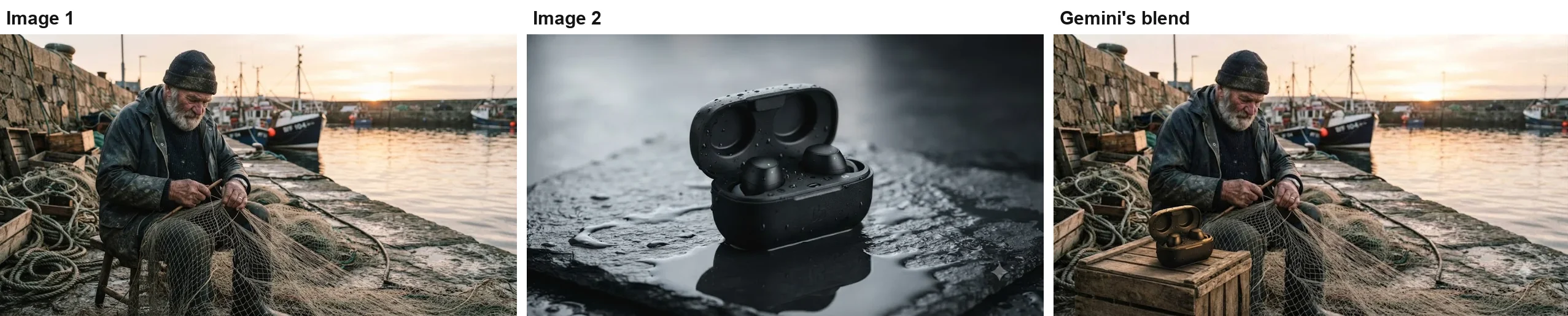 Two uploaded images, the fisherman at a sunset harbour and a black earbud case on wet slate, and Gemini's blend with the case on a wooden crate beside the fisherman, now tinted bronze by the sunset