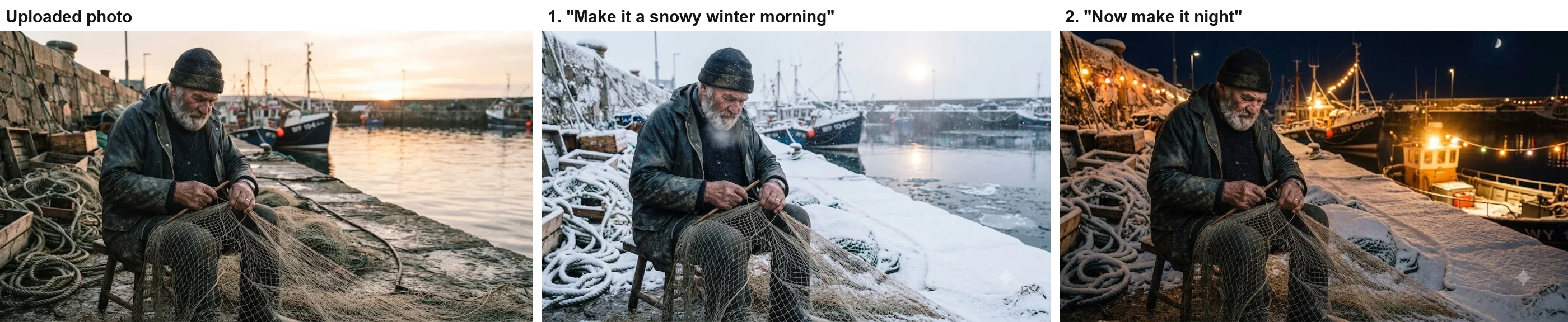 Three versions of a fisherman mending nets at a harbour: the uploaded sunset photo, Gemini's grey snowy winter morning with ice in the water, and a follow-up at night with string lights along the wall and the boats