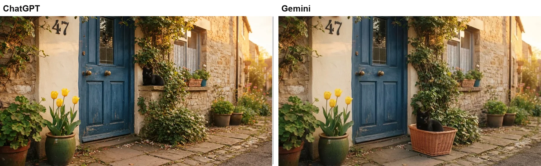 Left: ChatGPT's removal, with the bicycle and basket gone and the cat moved onto a window ledge. Right: Gemini's, with the bicycle gone and the cat still in its basket on the ground beside the door