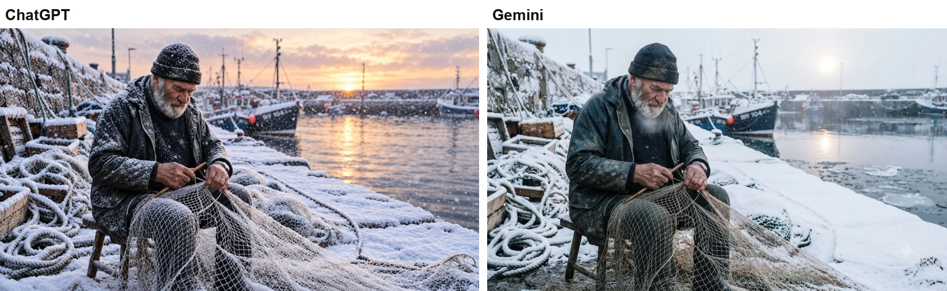 Left: ChatGPT's snowy harbour with snow on the fisherman's coat under a sunset sky. Right: Gemini's with a grey winter morning sky and no snow on his clothes
