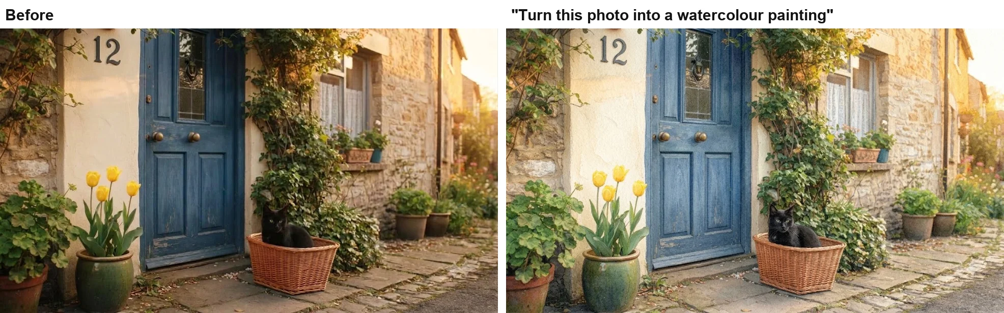 Left: Gemini's photo of the blue door with the number 12. Right: the watercolour request, which kept the composition but only added a light painterly texture and still reads as a photograph