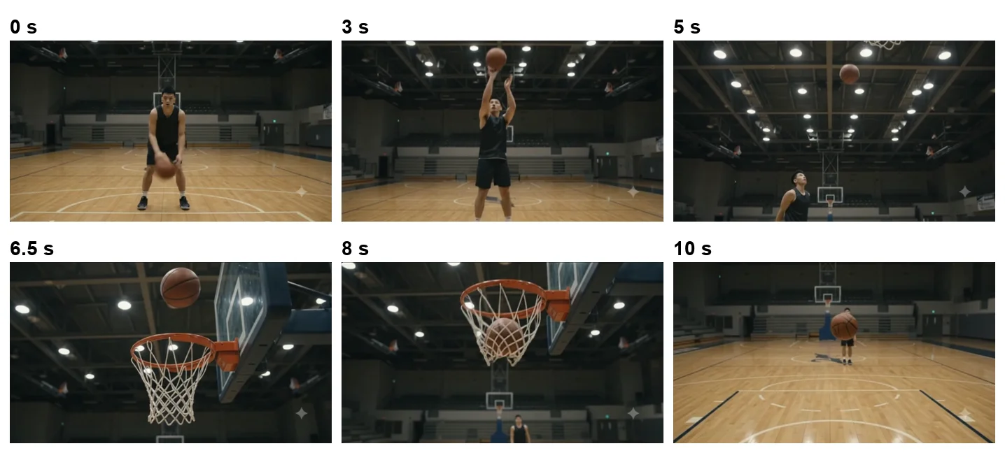 Six frames from a 10-second Gemini Omni Flash clip: a player dribbling at the free-throw line, the shot from the front, a low angle as the ball rises, a close-up at the rim, the ball in the net seen from behind the basket, and a wide shot of the court at the end