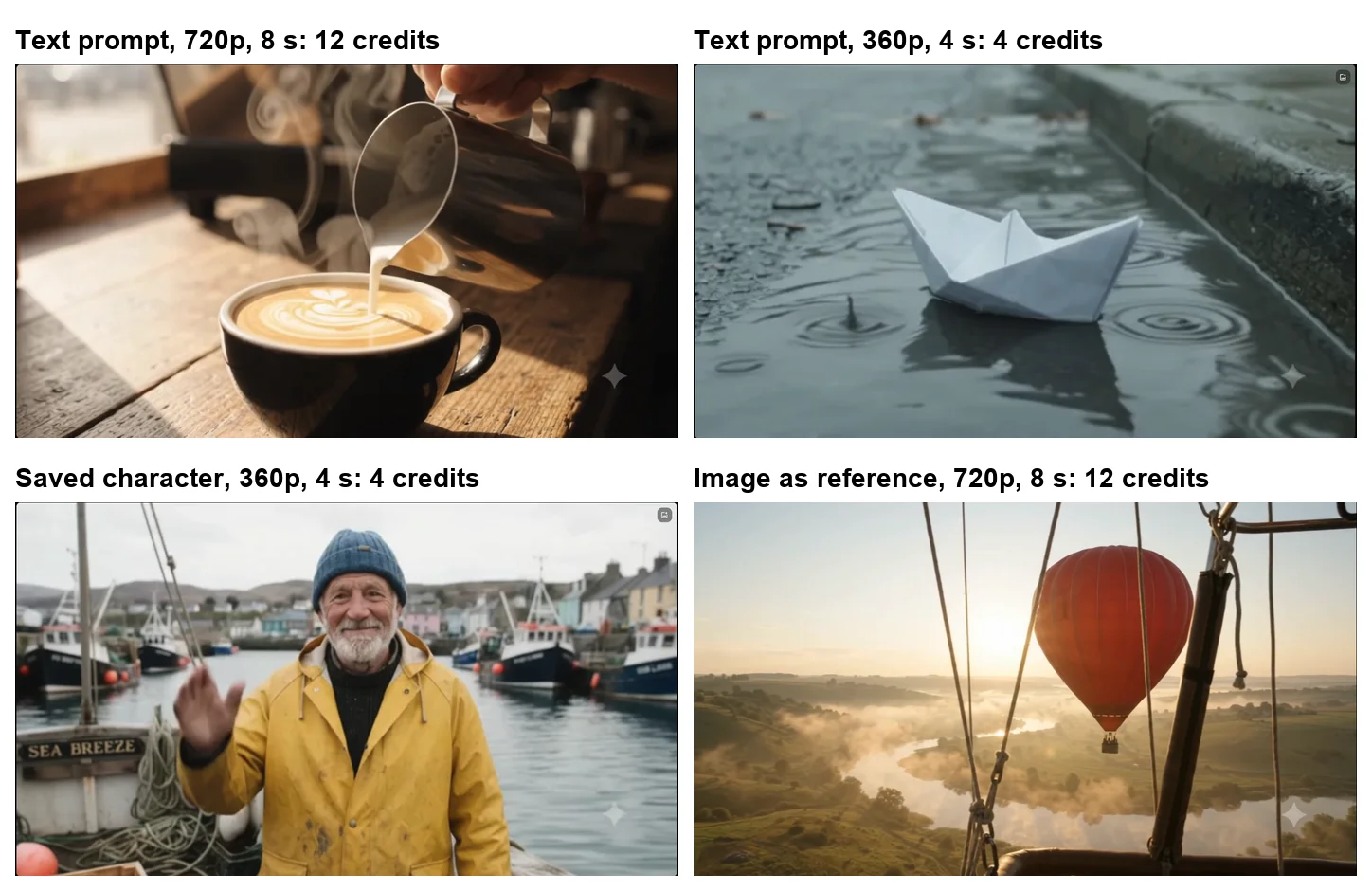 Four Gemini Omni Flash clips made on a free account: a barista pouring latte art at 720p for 12 credits, a paper boat in a rainy gutter at 360p for 4, a saved character called Old Tom waving from his boat at 360p for 4, and a red balloon over a river made from an image reference at 720p for 12