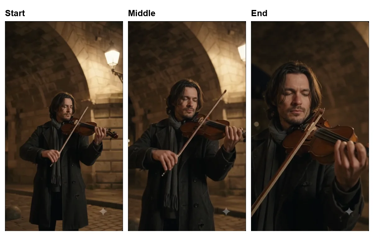 Three frames from a vertical Gemini Omni Flash clip: a violinist in a dark coat under a stone arch with a wall lamp, the same man closer at waist height, and a close-up of his face and violin