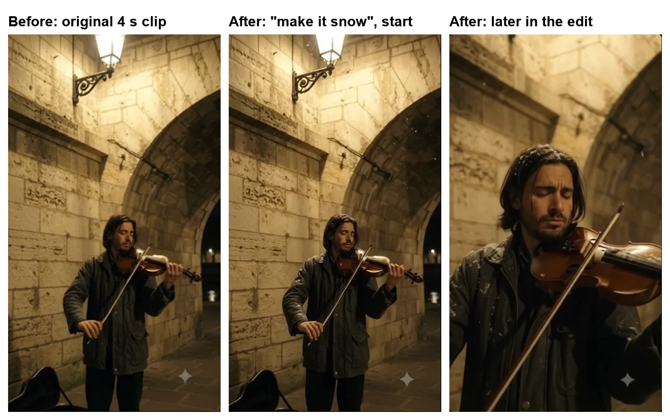 A Gemini Omni Flash edit compared: the original vertical clip of a violinist under a stone arch, the edited version with flakes in the air and snow on his hair, and a later close-up from the edit with snow on his hair, coat and violin