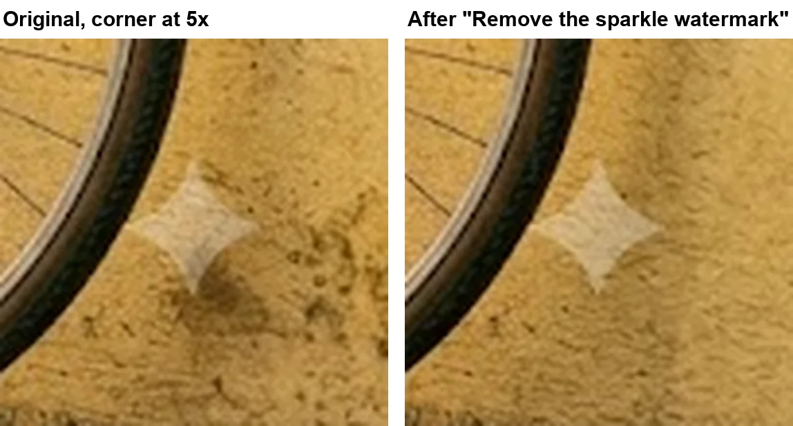 Close-ups of the bottom-right corner at 5x, before and after asking Gemini to remove its sparkle watermark. The pale star is present in both, in the same position