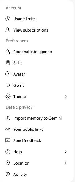 The Gemini web app's Settings menu on a free account in Vietnam, listing Usage limits, View subscriptions, Personal Intelligence, Skills, Avatar, Gems, Theme, Import memory to Gemini, Your public links, Send feedback, Help, Location and Activity, with no Media Watermark option