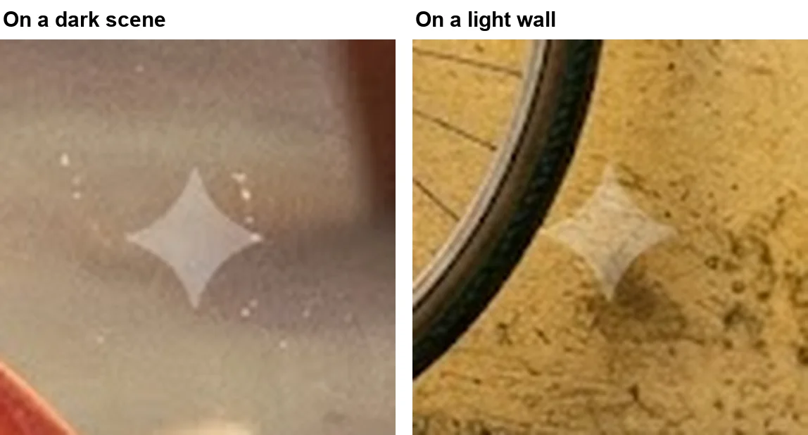 Two close-ups of Gemini's sparkle watermark at 5x: on a darker, muted scene it stands out as a clear pale four-point star, while on a light yellow wall it is paler and blends into the texture