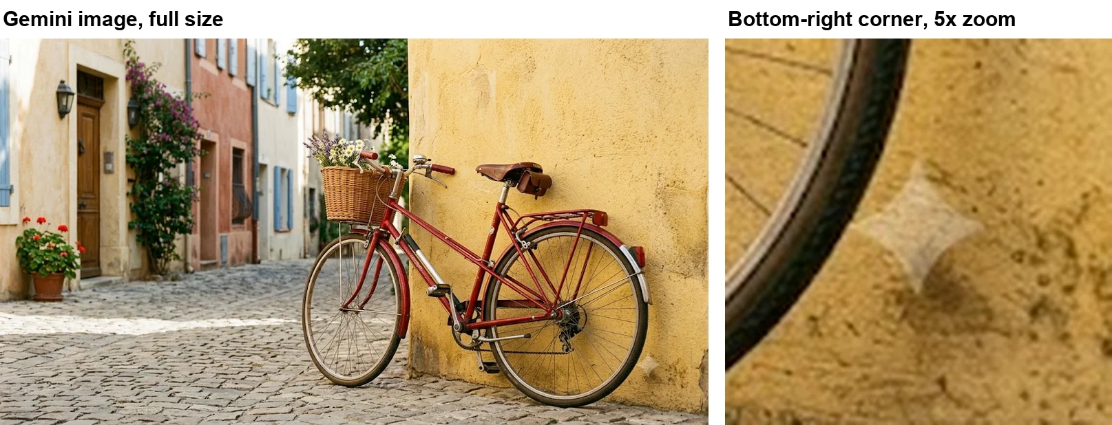 Left: Gemini's photo of a red vintage bicycle against a yellow wall on a cobbled street, where the watermark is hard to spot at full size. Right: the bottom-right corner at 5x zoom, where a pale four-point star is visible on the plaster