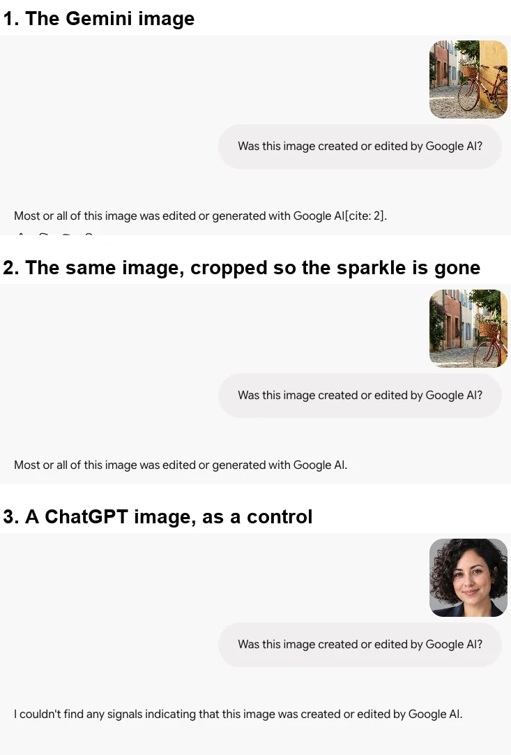 Three Gemini chats asking "Was this image created or edited by Google AI?": for the Gemini bicycle image and for the cropped copy without the sparkle, Gemini answers that most or all of the image was edited or generated with Google AI; for a ChatGPT headshot, it says it couldn't find any signals of Google AI