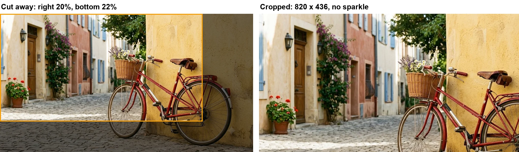 Left: the Gemini bicycle photo with the right 20% and bottom 22% shaded to show the area cut away. Right: the cropped 820 by 436 pixel result, with no sparkle