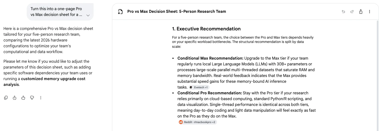 Google AI Mode Canvas building a Pro vs Max decision sheet about MacBook chips after losing the earlier Perplexity pricing context