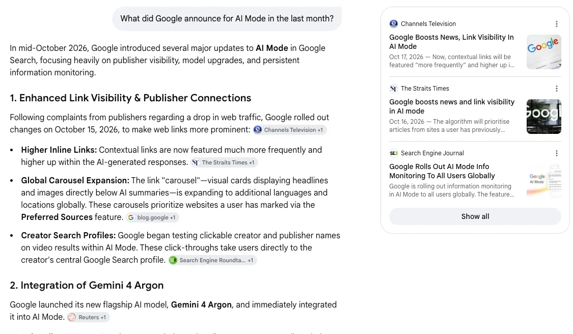 Google AI Mode answer about October 2026 AI Mode updates, citing Channels Television and The Straits Times articles dated 17 and 16 October 2026, and a Search Engine Journal article