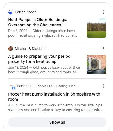 Google AI Mode sources panel listing three cards, from Better Planet, Mitchell and Dickinson and a Facebook post by a heating installer