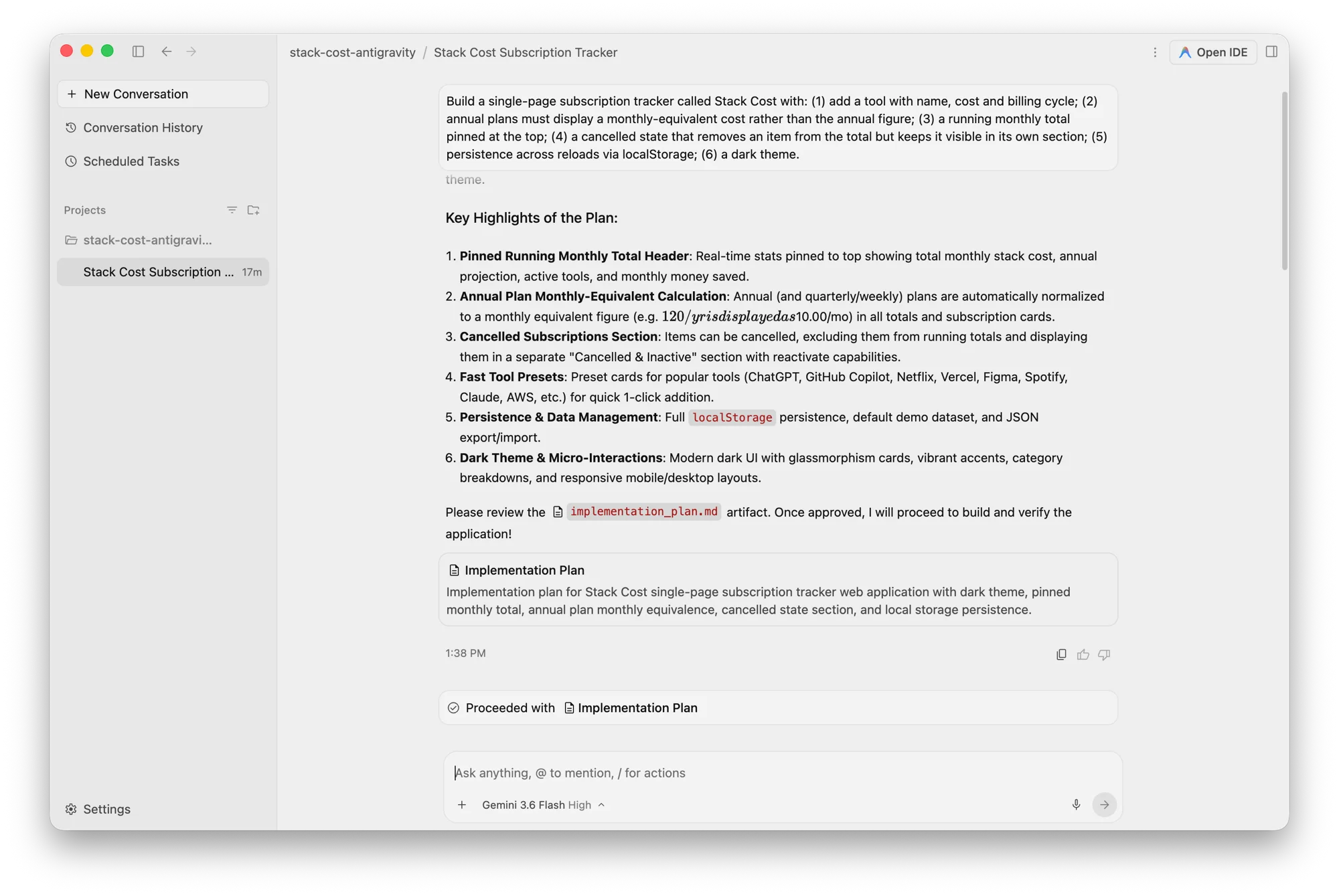 Antigravity's implementation plan for the Stack Cost brief, ending with a request to review the implementation_plan.md artifact before it will proceed to build