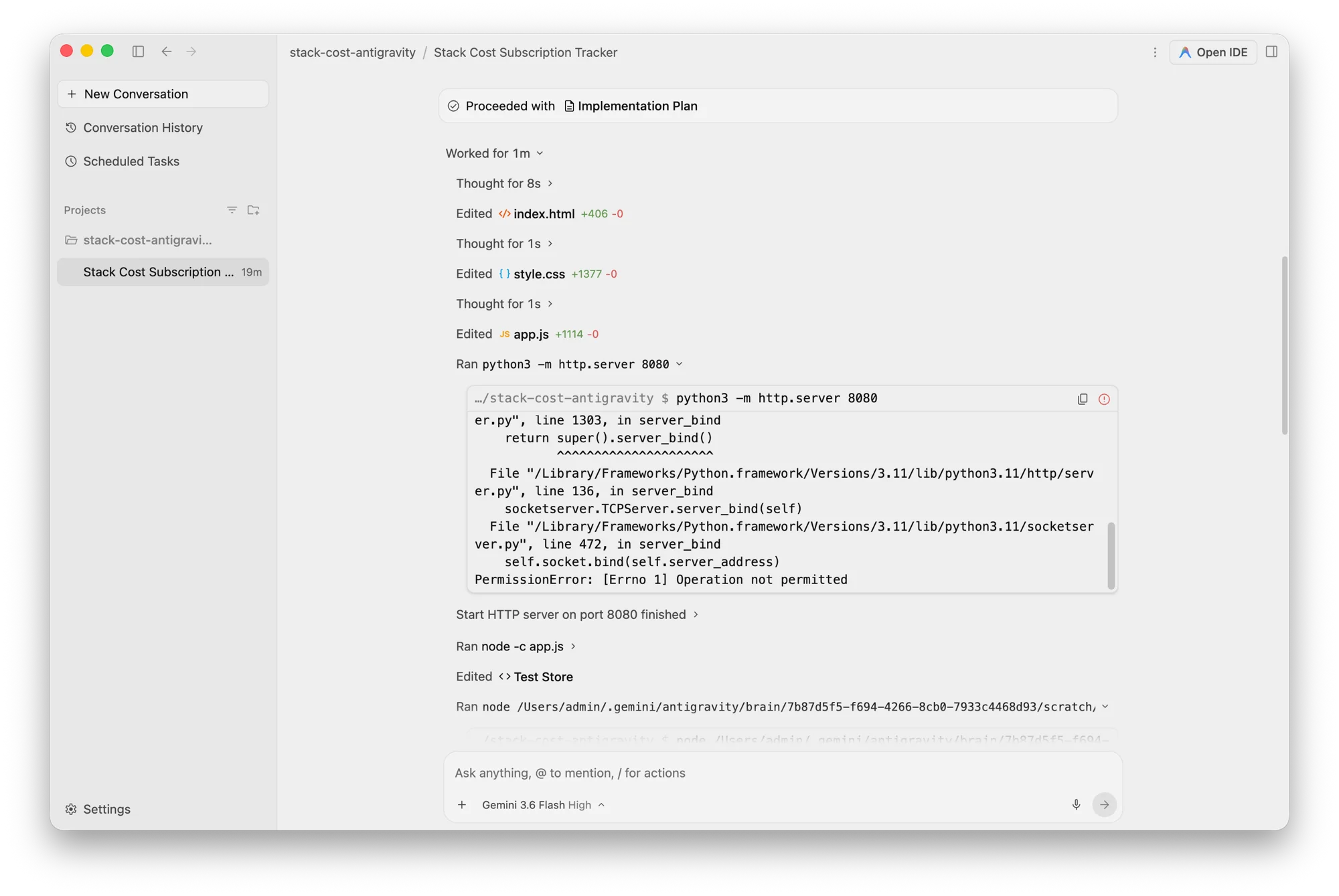 Antigravity running python3 -m http.server 8080 and receiving PermissionError Operation not permitted, followed by node -c app.js, an edited Test Store, and a node run from its scratch directory