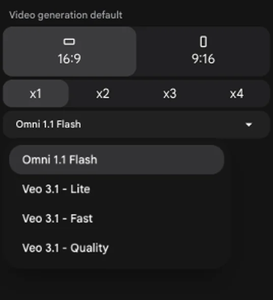 Google Flow's video generation defaults on a free account: 16:9 or 9:16, one to four clips per request, and a model menu listing Omni 1.1 Flash, Veo 3.1 Lite, Veo 3.1 Fast and Veo 3.1 Quality