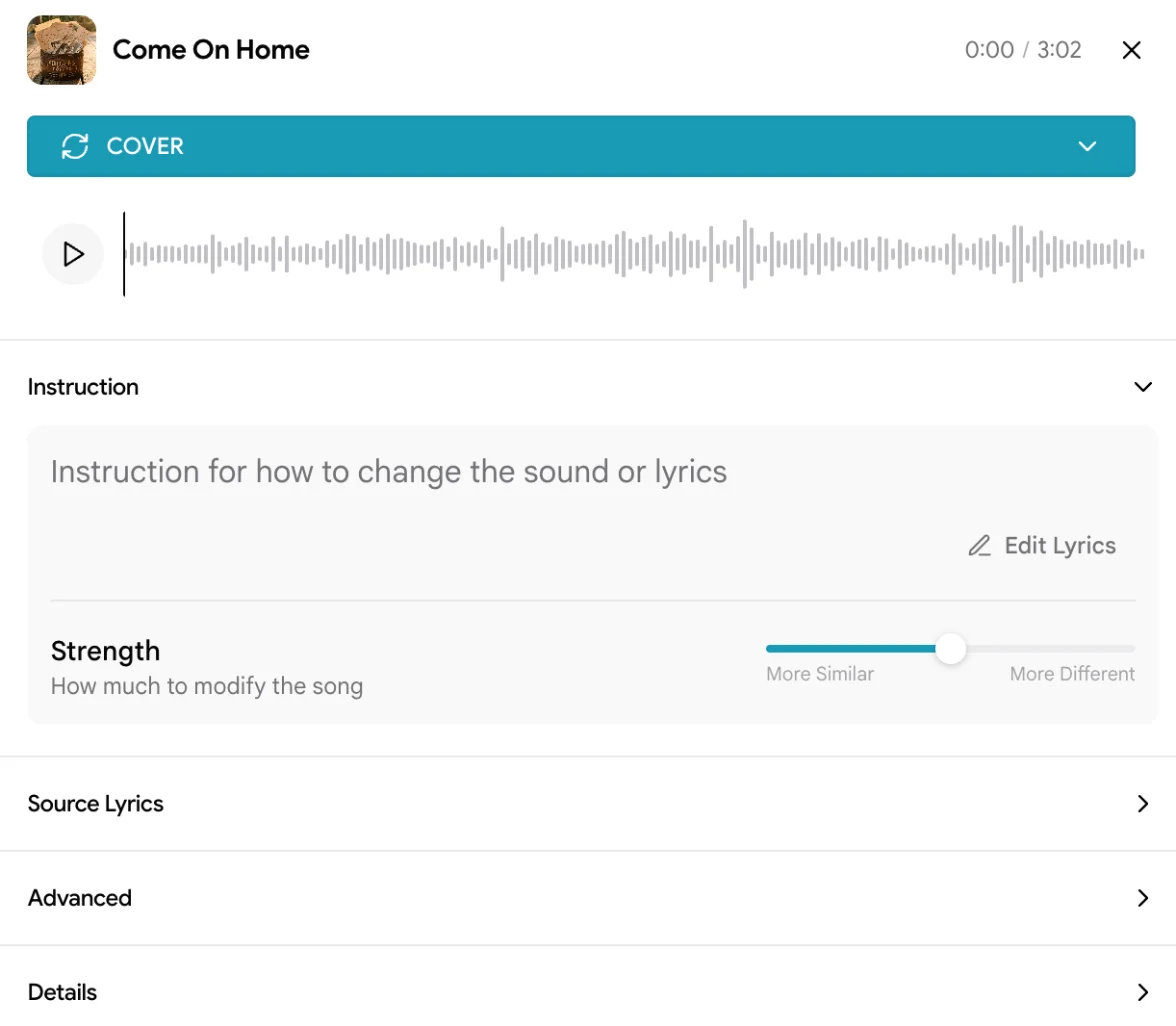 The Flow Music Cover panel for Come On Home: an instruction box for changing the sound or lyrics, an Edit Lyrics button, and a Strength slider from More Similar to More Different