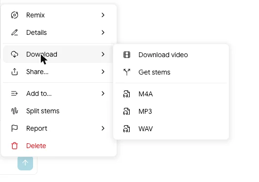 The Download submenu for a song on a free Google Flow Music account, offering Download video, Get stems, M4A, MP3 and WAV