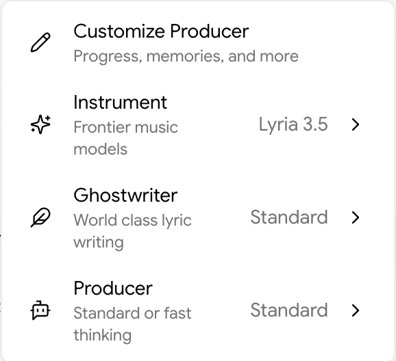 The Flow Music settings menu: Instrument set to Lyria 3.5, Ghostwriter set to Standard, and Producer set to Standard thinking