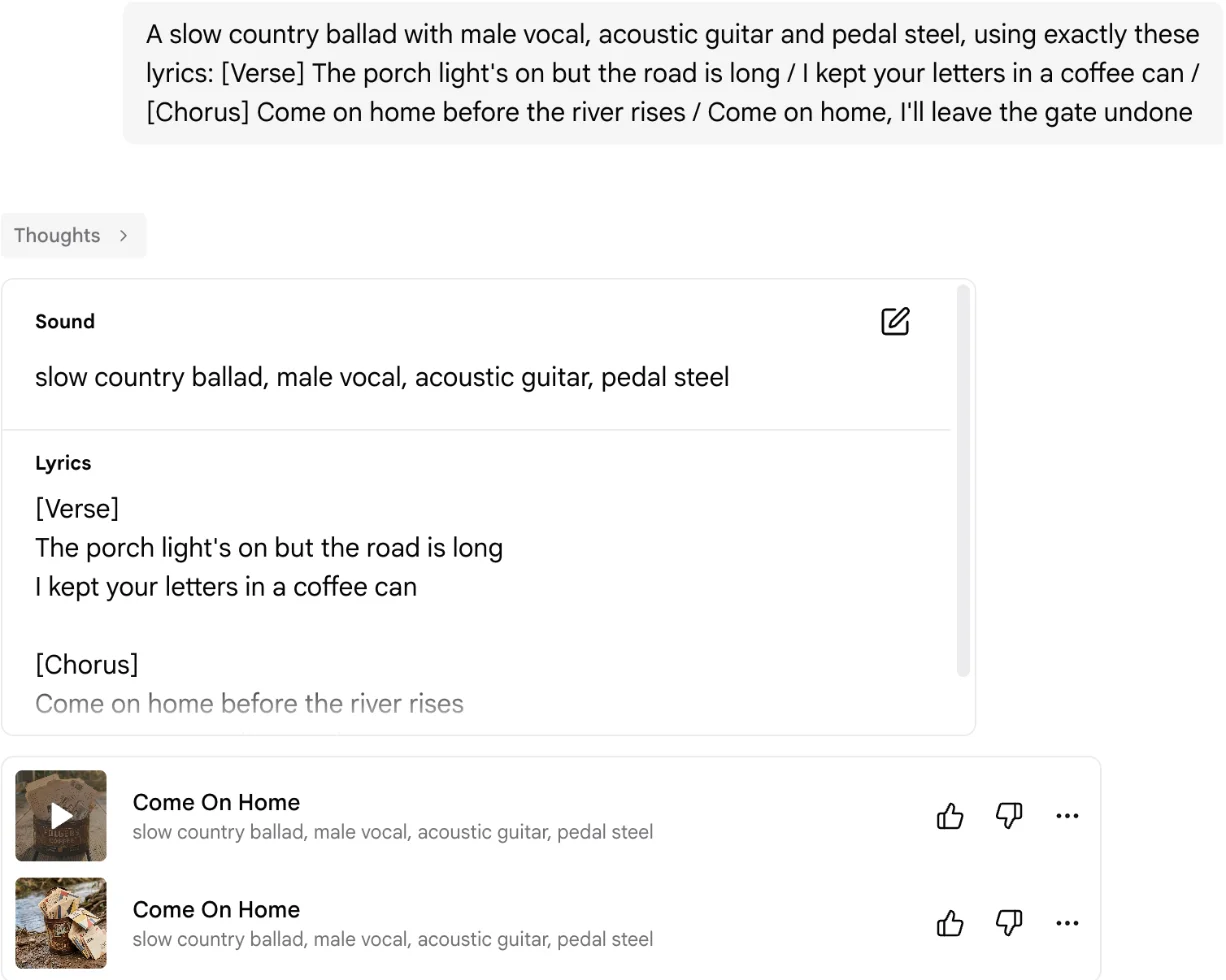 Google Flow Music's lyrics card for a country ballad prompt: the sound brief slow country ballad, male vocal, acoustic guitar, pedal steel, and the user's own verse and the start of the chorus reproduced word for word above two takes of Come On Home