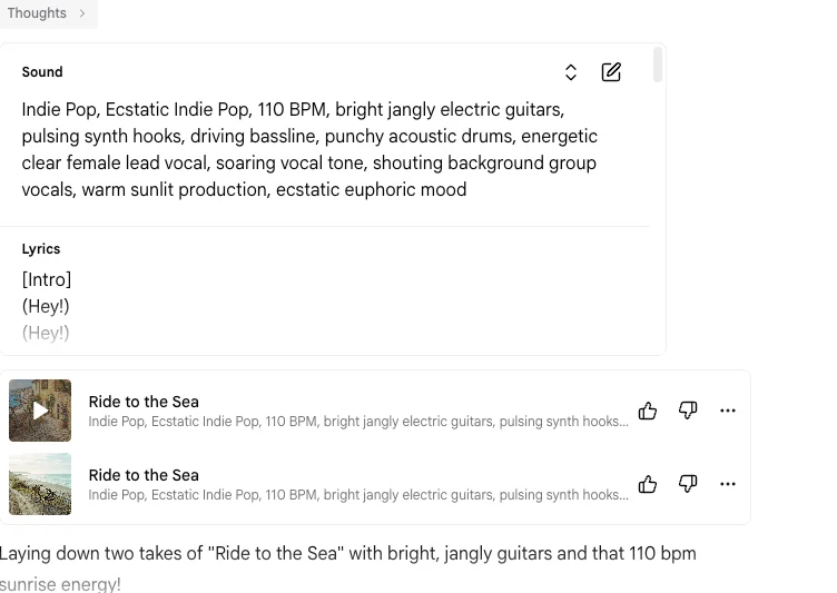 Google Flow Music after one prompt: the Producer's sound brief listing indie pop at 110 BPM with jangly guitars and a female lead vocal, the start of its lyrics, and two takes of a song called Ride to the Sea