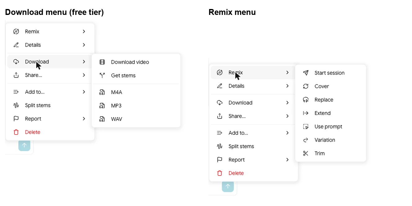 Google Flow Music's song menus on a free account: Download offers a video, stems, M4A, MP3 and WAV, and Remix offers Start session, Cover, Replace, Extend, Use prompt, Variation and Trim