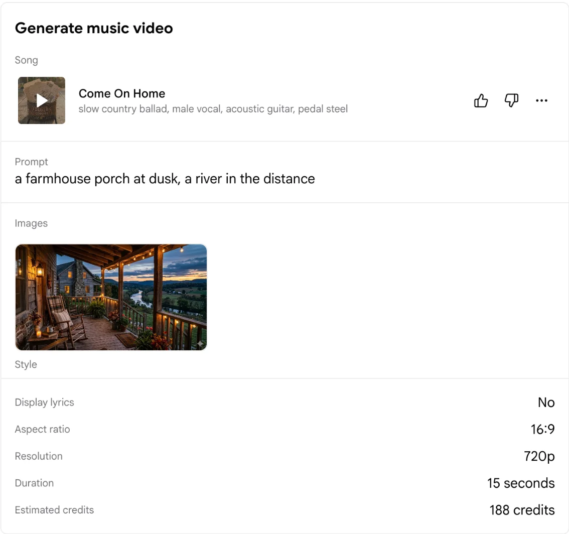 The Flow Music music video plan card: the Come On Home song, the prompt a farmhouse porch at dusk with a river in the distance, a generated style image of the porch, no lyrics, 16:9, 720p, 15 seconds and 188 estimated credits