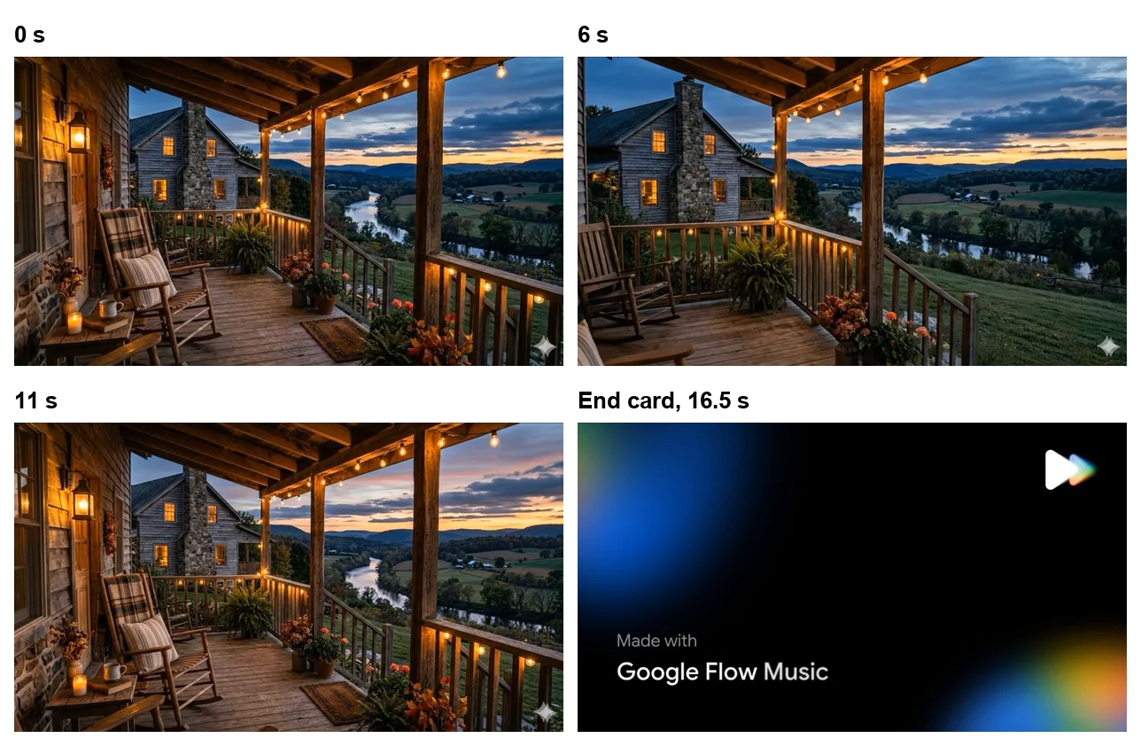 Four frames from a Google Flow Music video: a porch with a rocking chair and string lights over a river valley at dusk, a wider view from the porch corner, the porch again, and an end card reading Made with Google Flow Music
