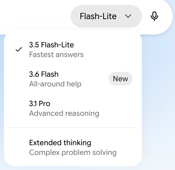 Gemini's model picker on a free account, showing 3.5 Flash-Lite, 3.6 Flash, 3.1 Pro and a separate Extended thinking mode, none of them locked