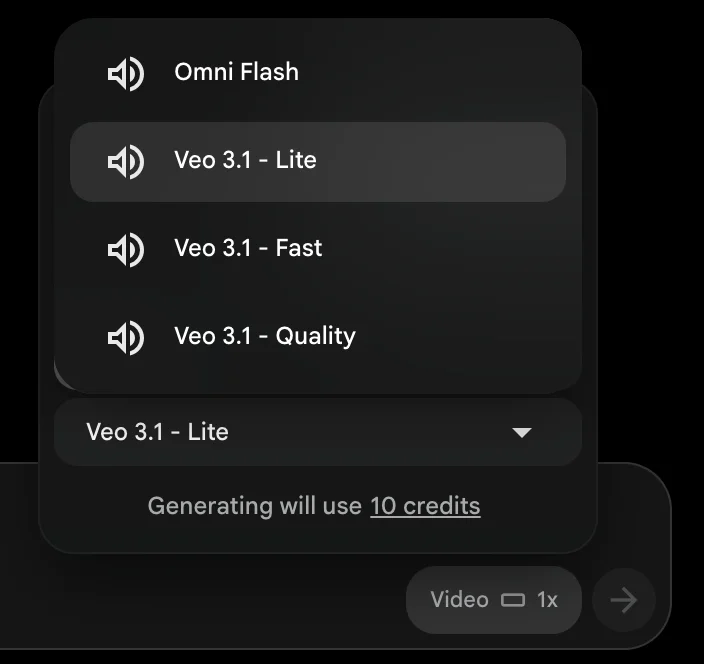 Google Flow video model dropdown showing Gemini Omni Flash and the Veo 3.1 Lite, Fast, and Quality tiers, each with a native-audio icon