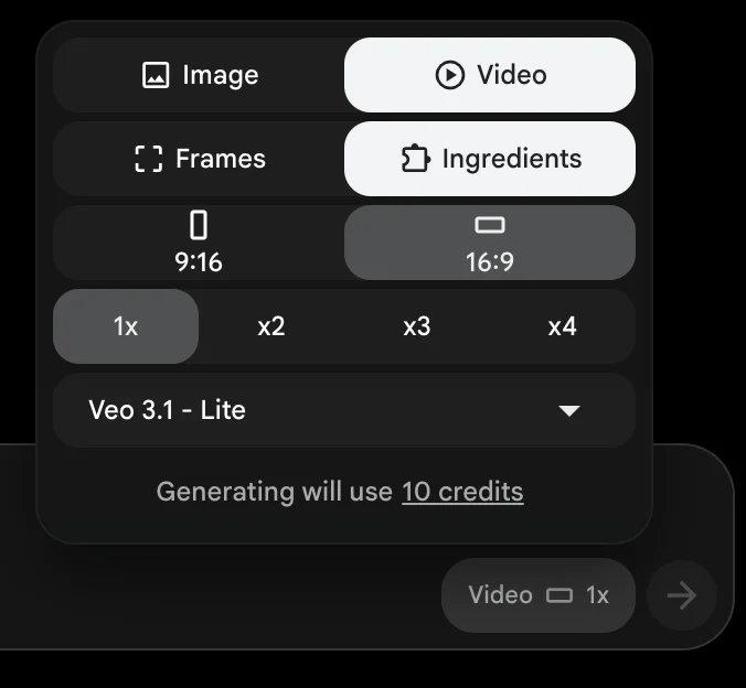 Google Flow video generation settings with Veo 3.1 Lite selected, showing a 10-credit cost for an 8-second 16:9 clip