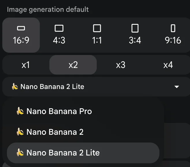 Google Flow's image generation defaults: shapes from 16:9 to 9:16, one to four images per request, and a model menu listing Nano Banana Pro, Nano Banana 2 and Nano Banana 2 Lite