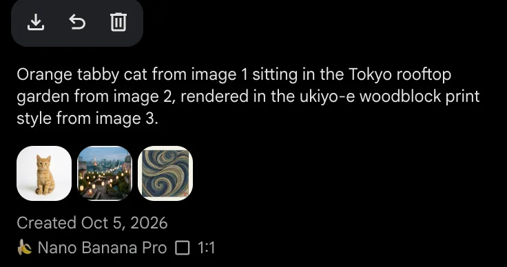 Google Flow's details for the remix: the prompt the agent wrote, "Orange tabby cat from image 1 sitting in the Tokyo rooftop garden from image 2, rendered in the ukiyo-e woodblock print style from image 3", three reference thumbnails, the date, Nano Banana Pro and 1:1