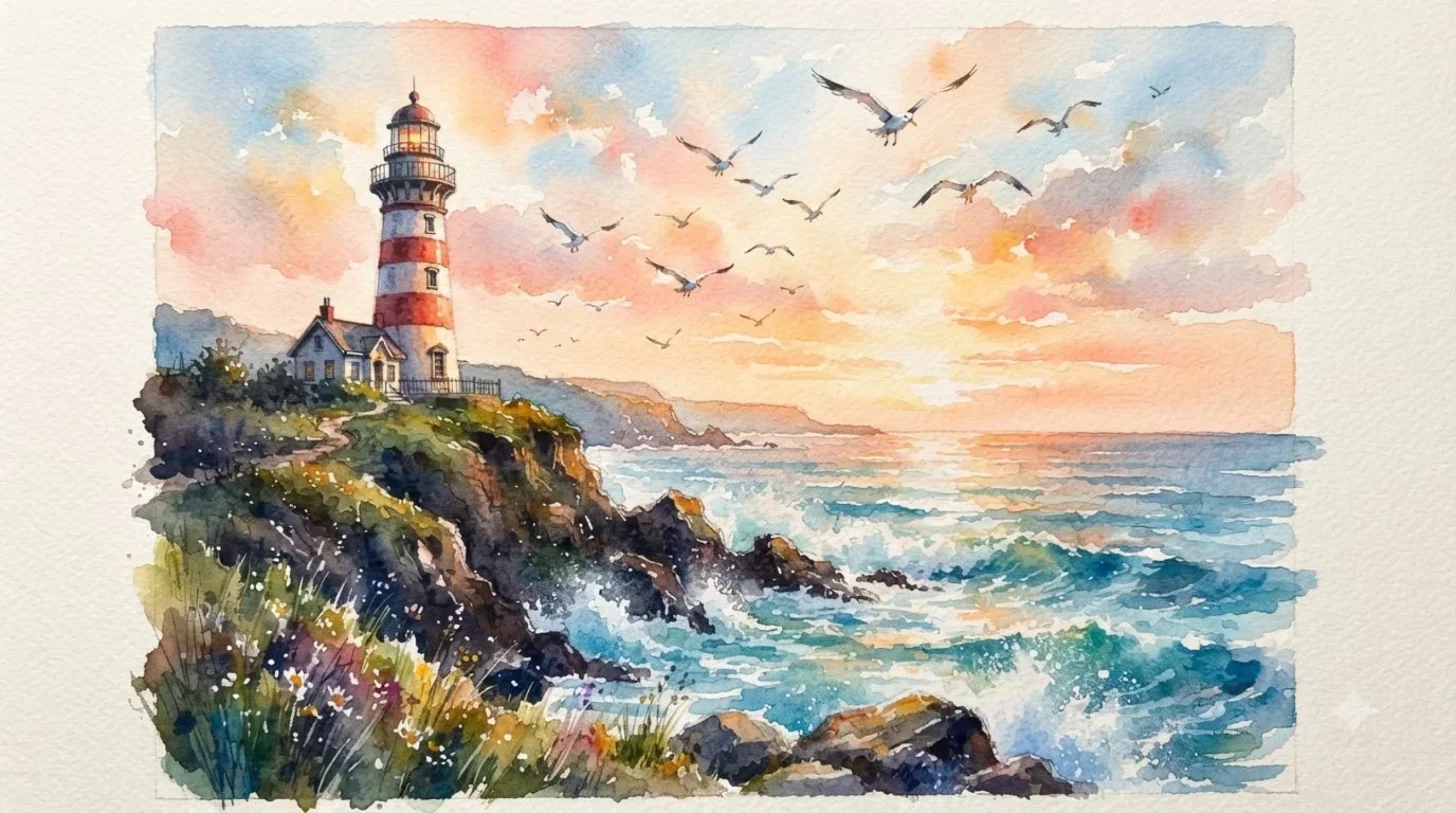 A watercolour of a red and white lighthouse on a cliff at sunrise with seagulls overhead and waves below, made in Google Flow from a plain text prompt with the default settings