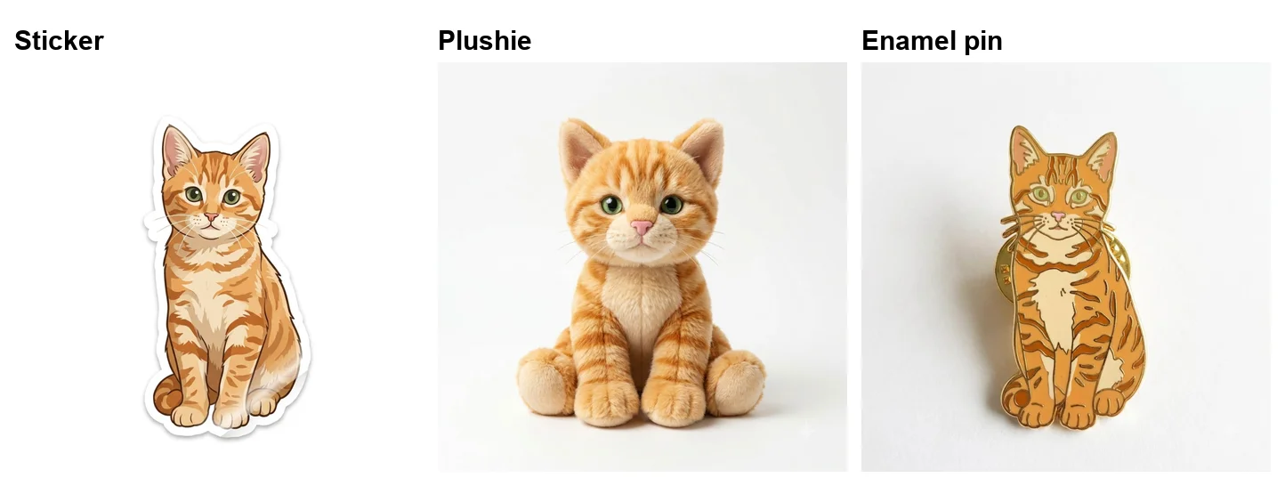 The orange cat from the subject image turned into three styles in Google Flow: a die-cut sticker with a white border, a soft plush toy and a gold-outlined enamel pin