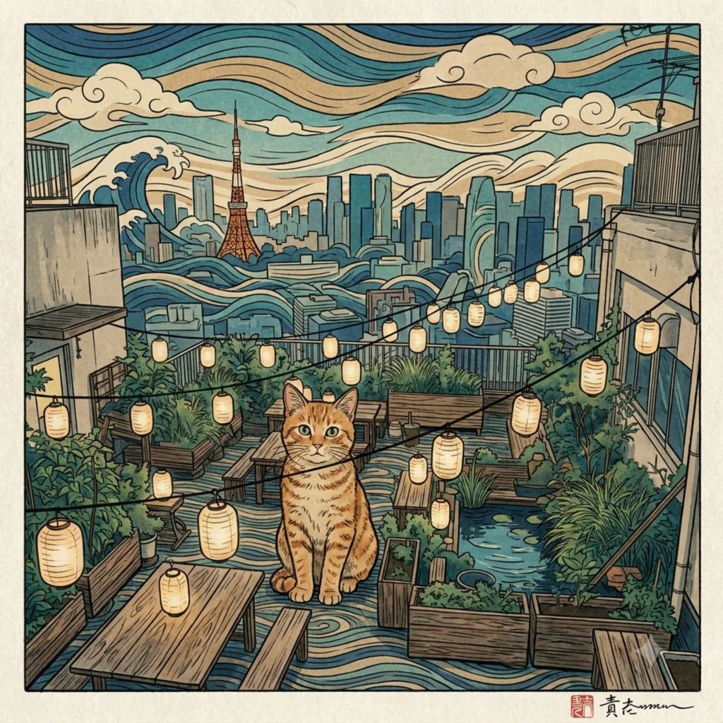 The combined image Flow made: the orange tabby cat sitting in the middle of the Tokyo rooftop garden, with lanterns, tables and Tokyo Tower, all redrawn in the ukiyo-e woodblock style with swirling waves in the sky and on the ground