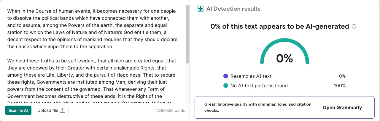 Grammarly's free AI detector scoring the opening of the Declaration of Independence at 0% AI