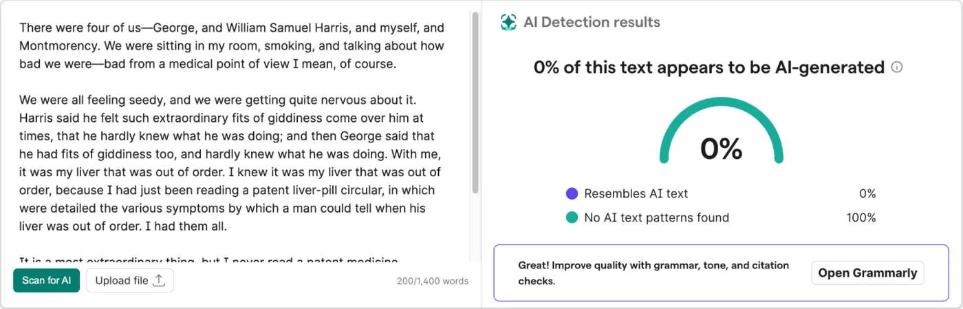 Grammarly's free AI detector scoring the opening of Three Men in a Boat, from 1889, at 0% AI, with No AI text patterns found at 100%