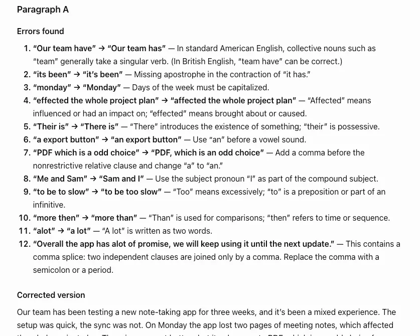 ChatGPT's free plan listing 12 errors in the planted-error paragraph, each with the fix and a short reason
